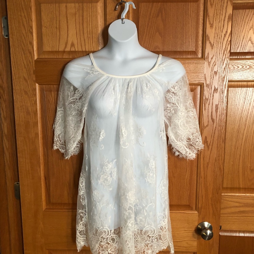 Sheer Lace Off-Shoulder Swim Coverup